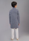 Navy Blue color Embroidered Cotton Silk Kurta Pyjama - 3