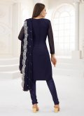 Navy Blue color Embroidered Faux Georgette Straight Salwar Suit - 1