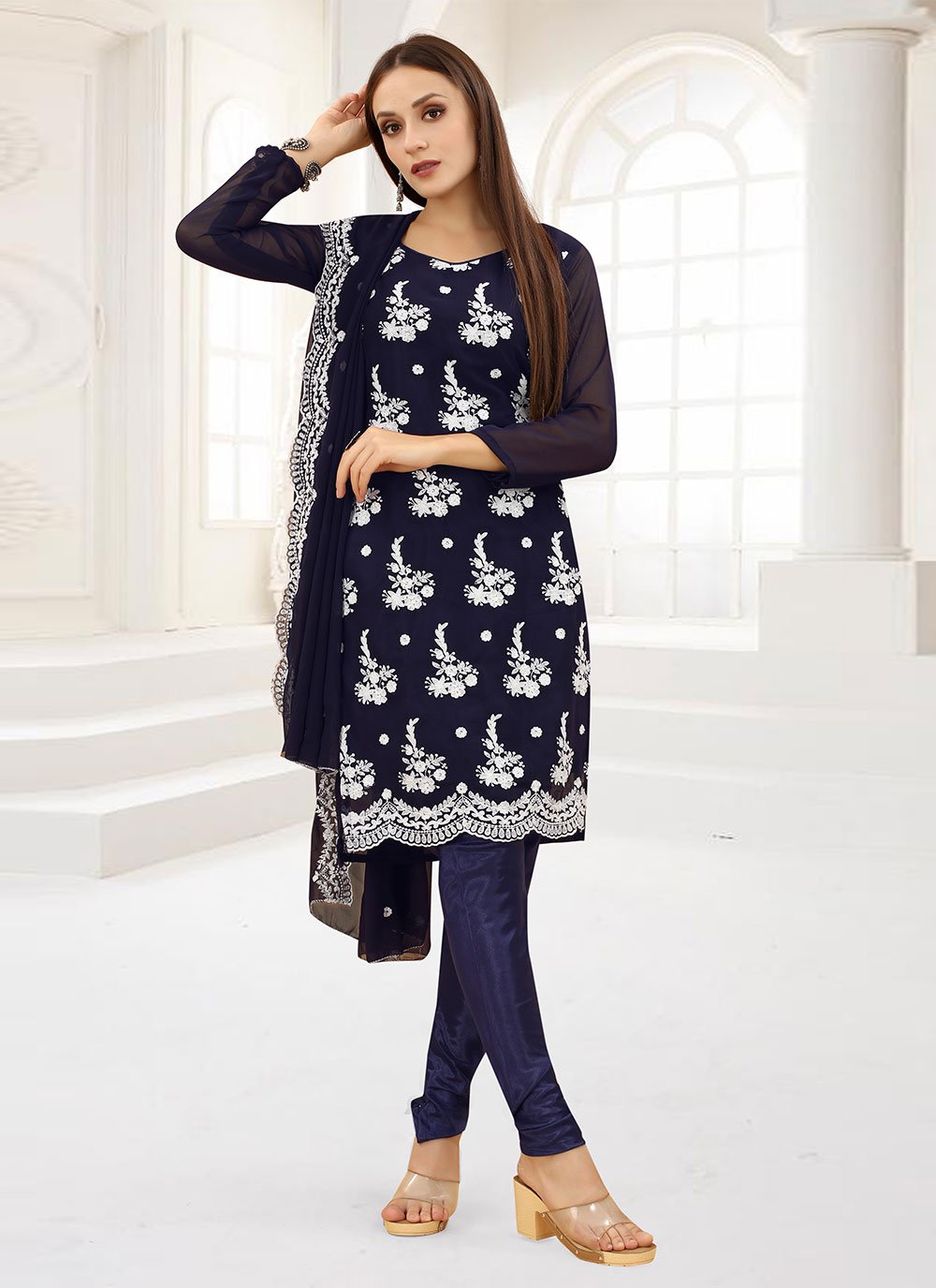 Navy Blue color Embroidered Faux Georgette Straight Salwar Suit
