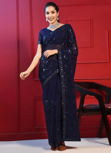 Navy Blue color Embroidered Georgette Contemporary