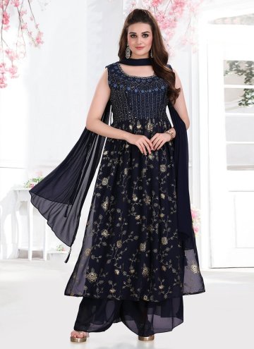 Navy Blue color Embroidered Georgette Palazzo Suit