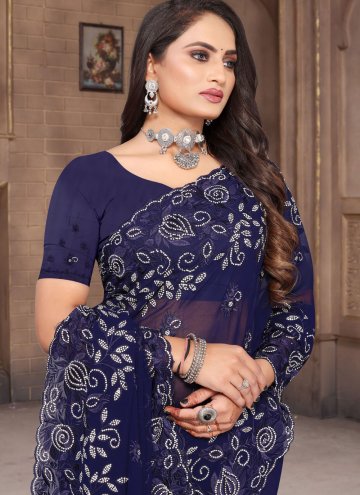 Navy Blue color Embroidered Georgette Trendy Saree