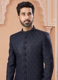Navy Blue color Embroidered Jacquard Indo Western Sherwani - 1