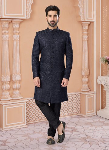 Navy Blue color Embroidered Jacquard Indo Western Sherwani