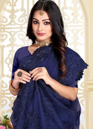 Navy Blue color Embroidered Net Trendy Saree