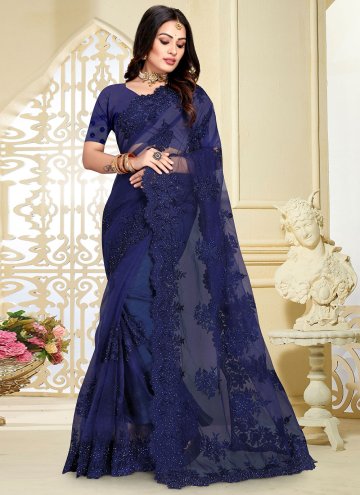 Navy Blue color Embroidered Net Trendy Saree