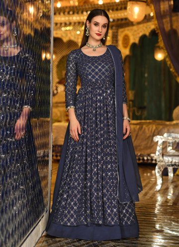 Navy Blue color Embroidered Pure Georgette Readyma