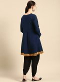 Navy Blue color Embroidered Rayon Party Wear Kurti - 1