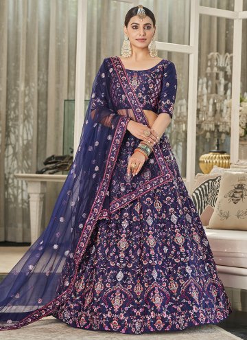Navy Blue color Embroidered Silk A Line Lehenga Ch