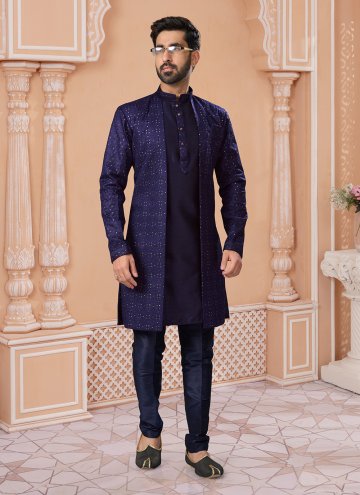 Navy Blue color Embroidered Silk Indo Western Sherwani