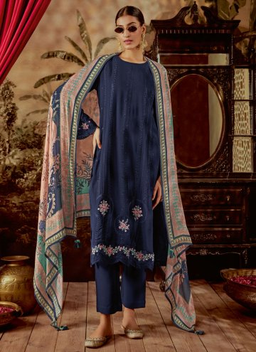Navy Blue color Embroidered Silk Trendy Salwar Sui