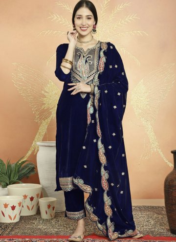 Navy Blue color Embroidered Velvet Trendy Salwar Suit