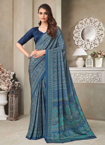Navy Blue color Faux Crepe Contemporary Saree with Printed