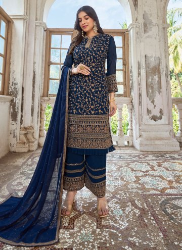 Navy Blue color Faux Georgette Palazzo Suit with Embroidered