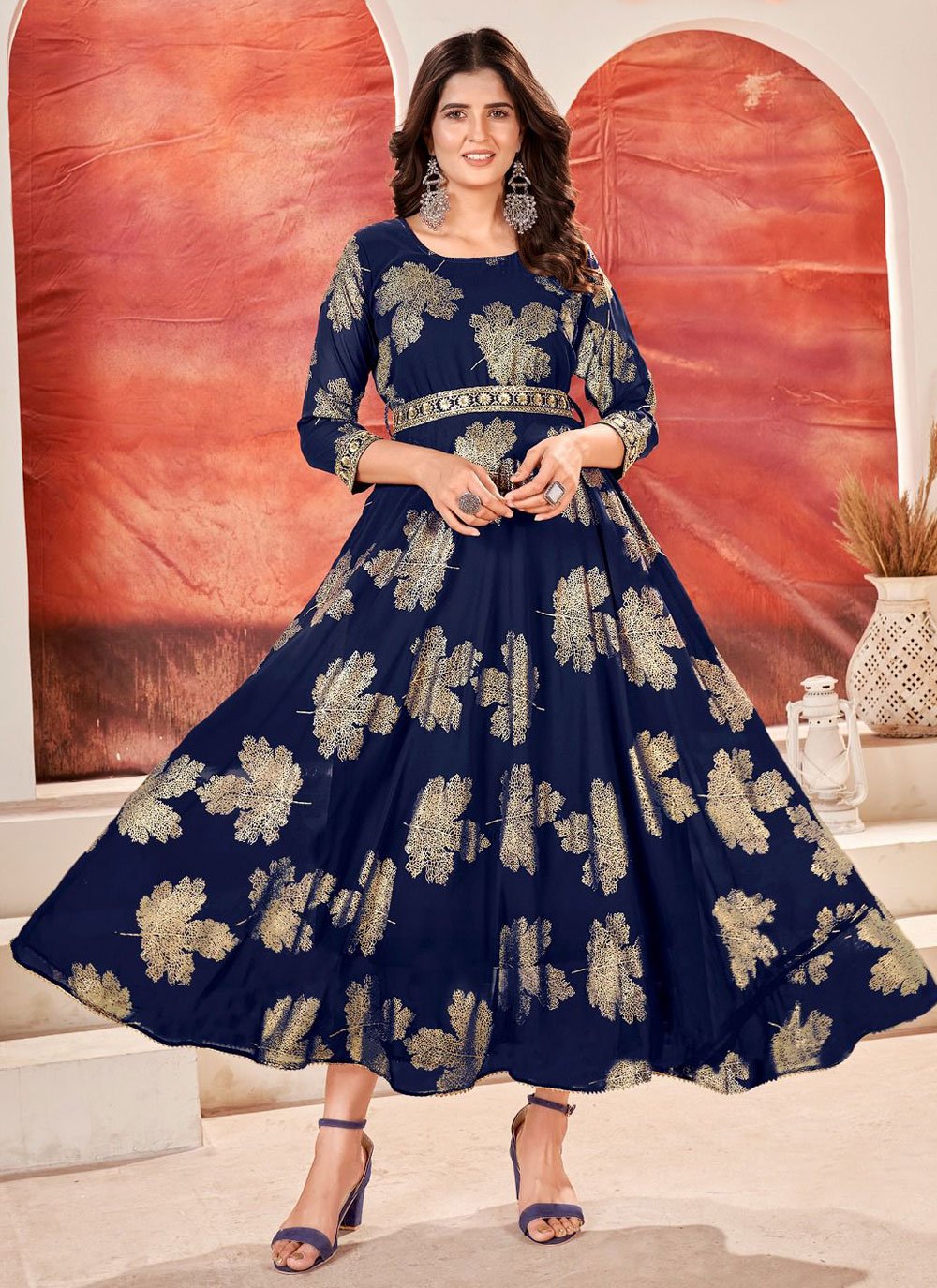 Shop Navy Blue Organza Satin Drape With Thread Embroidery Sharara Online in  USA – Pure Elegance