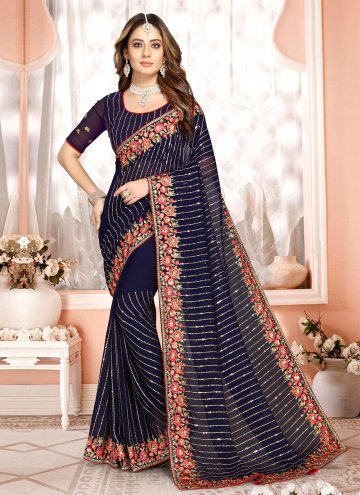 Navy Blue color Georgette Classic Designer Saree with Embroidered
