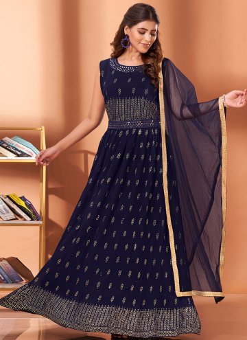 Navy Blue color Georgette Gown with Mirror Work