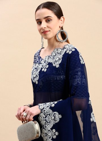 Navy Blue color Georgette Trendy Saree with Embroidered
