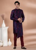 Navy Blue color Jacquard Silk Indo Western with Embroidered - 2