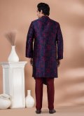 Navy Blue color Jacquard Silk Indo Western with Embroidered - 3