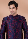 Navy Blue color Jacquard Silk Indo Western with Embroidered - 4