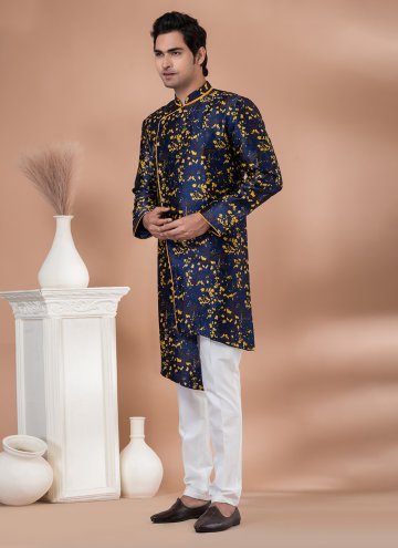Navy Blue color Jacquard Silk Indo Western with Embroidered