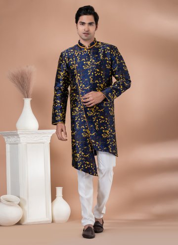 Navy Blue color Jacquard Silk Indo Western with Embroidered