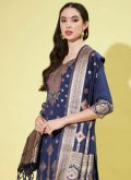 Navy Blue color Jacquard Work Cotton Silk Designer Salwar Kameez - 1