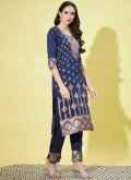Navy Blue color Jacquard Work Cotton Silk Designer Salwar Kameez - 3