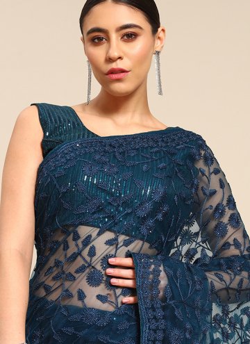 Navy Blue color Net Trendy Saree with Embroidered