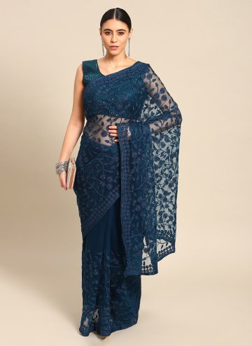 Navy Blue color Net Trendy Saree with Embroidered