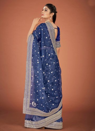 Navy Blue color Organza Trendy Saree with Embroidered