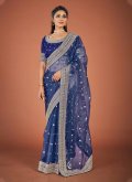 Navy Blue color Organza Trendy Saree with Embroidered - 2