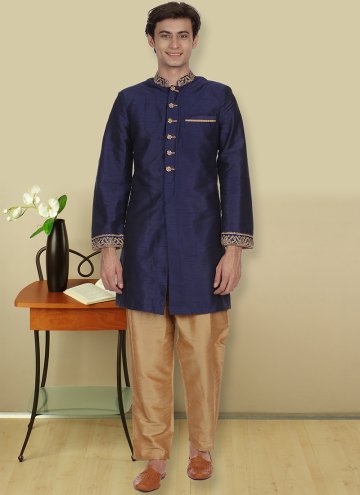 Navy Blue color Printed Art Dupion Silk Kurta Payjama With Jacket