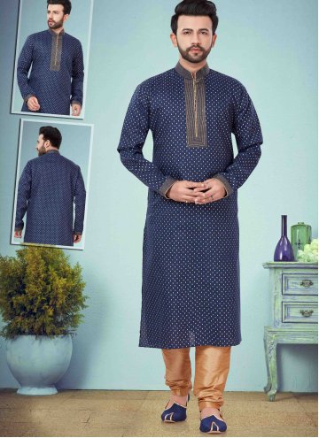 Navy Blue color Printed Cotton Silk Kurta Pyjama