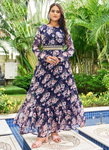 Navy Blue color Printed Georgette Readymade Designer Gown