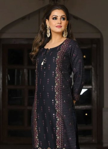Navy Blue color Rayon Casual Kurti with Printed