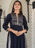 Navy Blue color Rayon Party Wear Kurti with Embroidered - 1