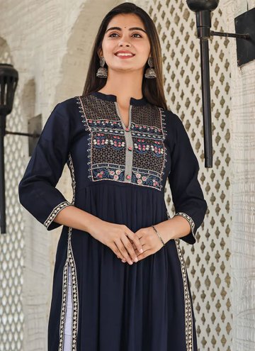 Navy Blue color Rayon Party Wear Kurti with Embroidered