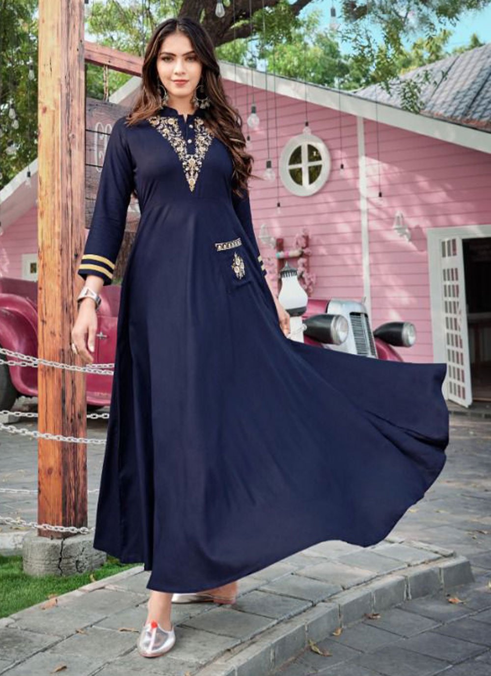 Navy Blue color Rayon Readymade Designer Gown with Embroidered