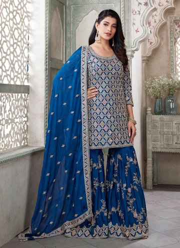 Navy Blue color Silk Anarkali Salwar Kameez with Embroidered