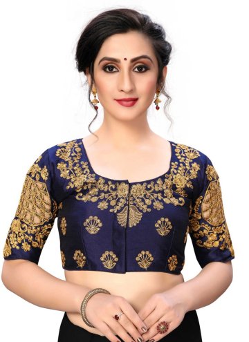 Navy Blue color Silk Designer Blouse with Embroidered