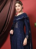 Navy Blue color Silk Trendy Salwar Suit with Embroidered - 1