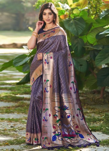 Navy Blue color Silk Trendy Saree with Floral Print