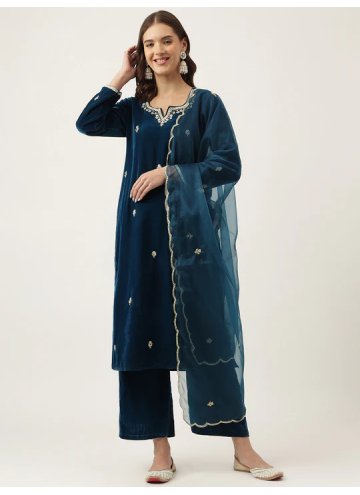 Navy Blue color Velvet Trendy Salwar Suit with Hand Work