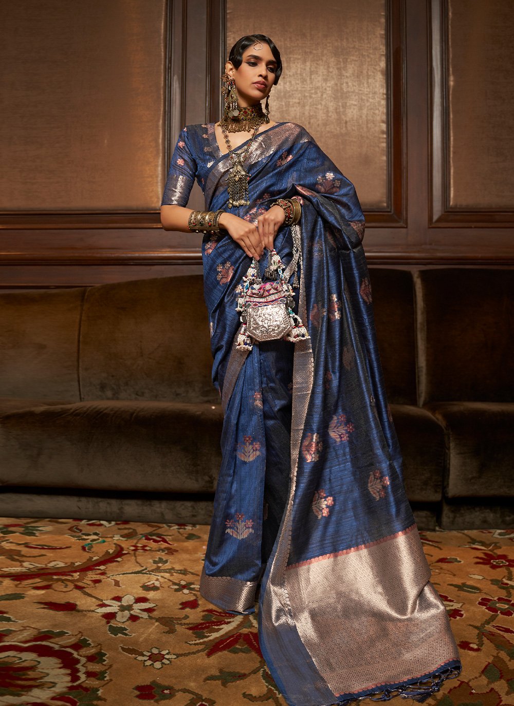 Navy Blue color Woven Handloom Silk Casual Saree
