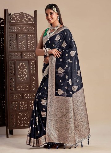 Navy Blue color Woven Kanjivaram Silk Classic Designer Saree