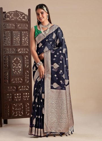 Navy Blue color Woven Kanjivaram Silk Classic Designer Saree