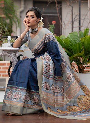Navy Blue color Woven Tussar Silk Traditional Saree