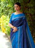 Navy Blue Contemporary Saree in Raw Silk with Woven - 1